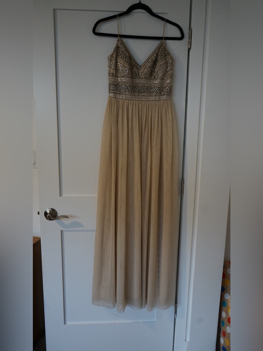 Adrianna Papell Champagne Beaded V-Neck Spaghetti Strap Gown